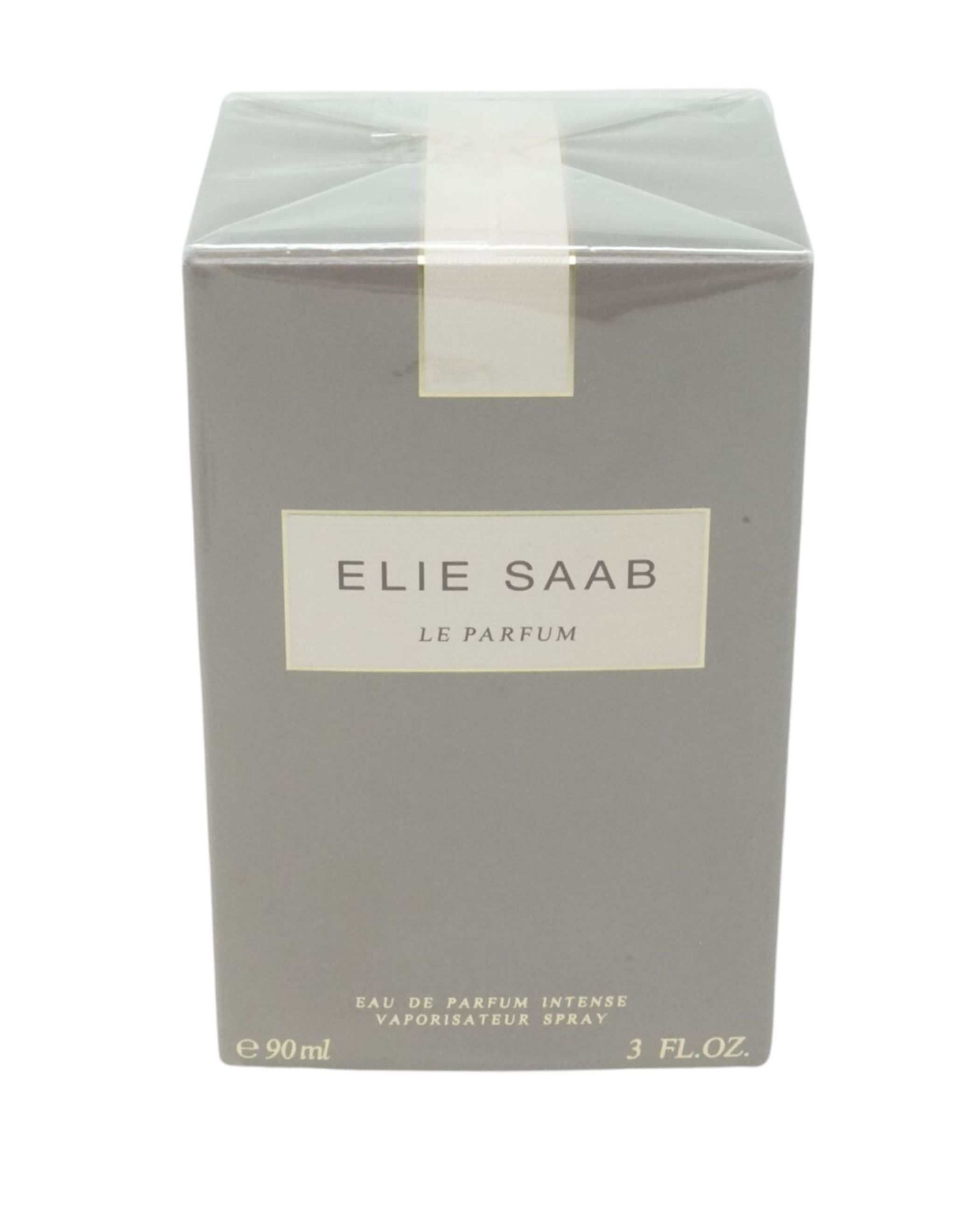Graue rechteckige Verpackung mit weißem Etikett. Aufschrift: ELIE SAAB LE PARFUM. Unten: Eau de Parfum Intense, 90ml, 3 FL.OZ.