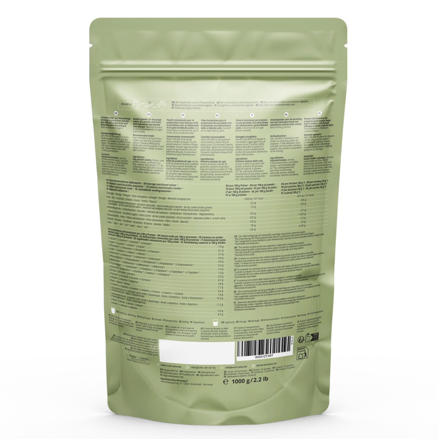 nutri+ Veganes Proteinpulver 3k: 100% vegan, laktosefrei, GMO-frei, zertifizierte Produktion, komplettes Aminosäureprofil.