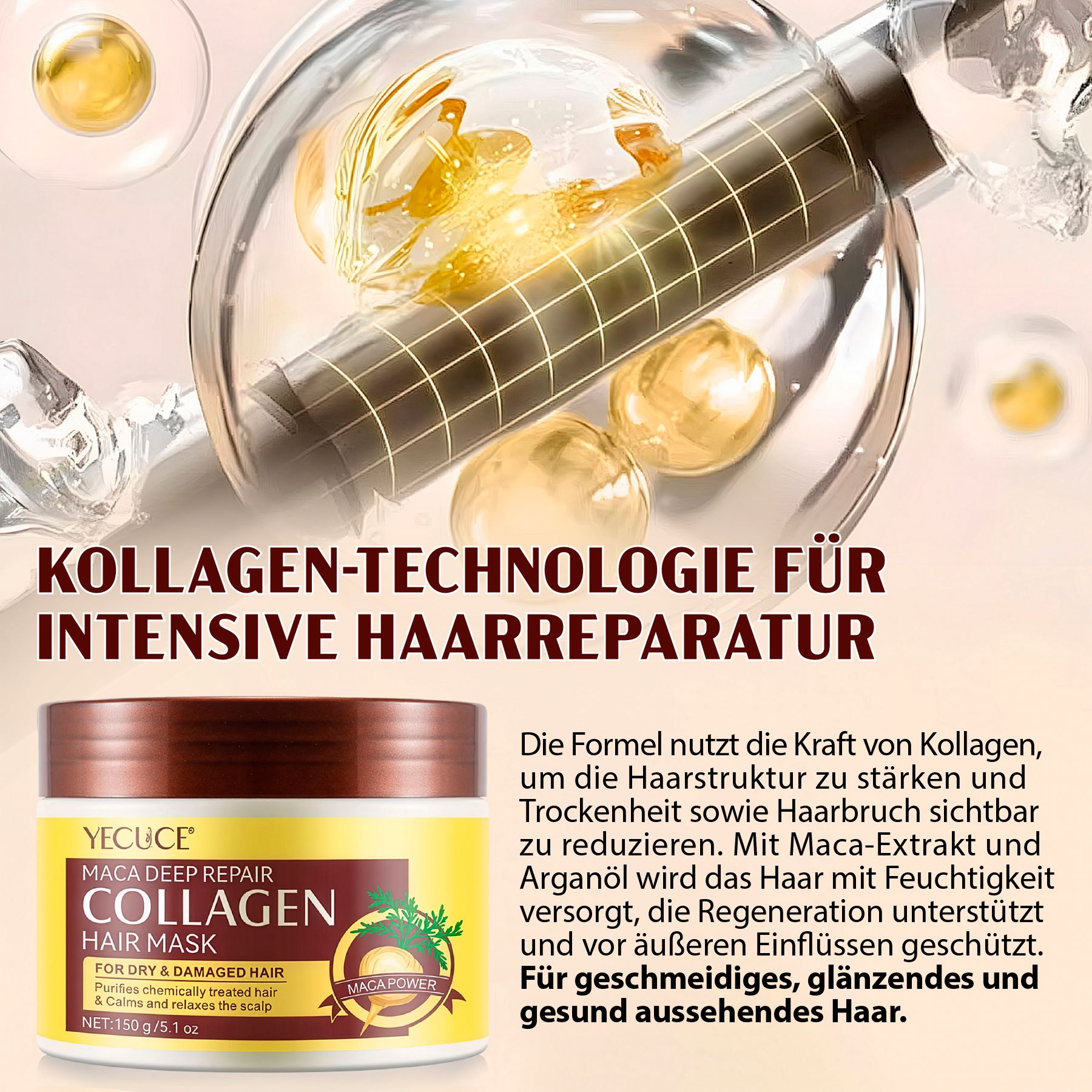Haarmaske in einem Tiegel. Gelbes Etikett mit Text und Logo. Brauner Deckel. Text: MACA DEEP REPAIR COLLAGEN HAIR MASK. Hintergrund mit Illustrationen.
