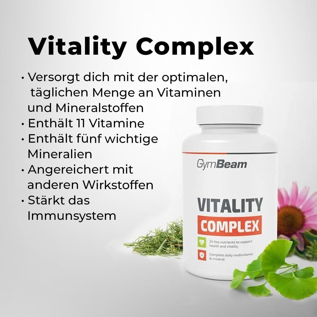 GymBeam Vitality Complex Multivitamin Flasche neben Kräutern und Blumen.