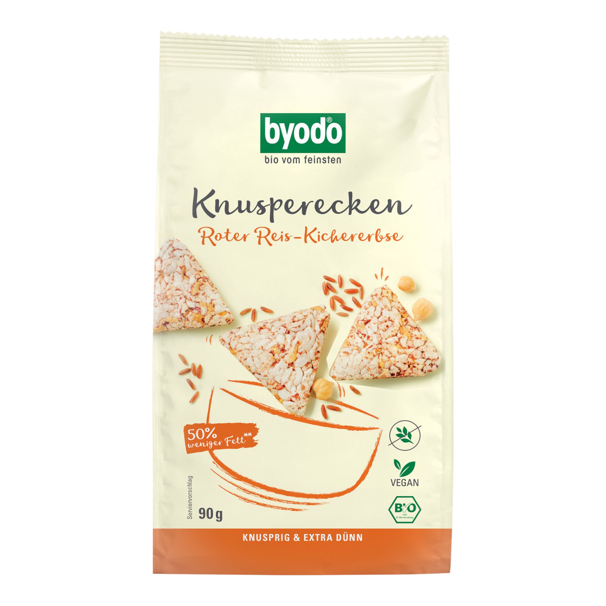 Bio Knusper-Ecken Roter Reis-Kichererbse, 90g Packung. Vegan und Bio-zertifiziert.
