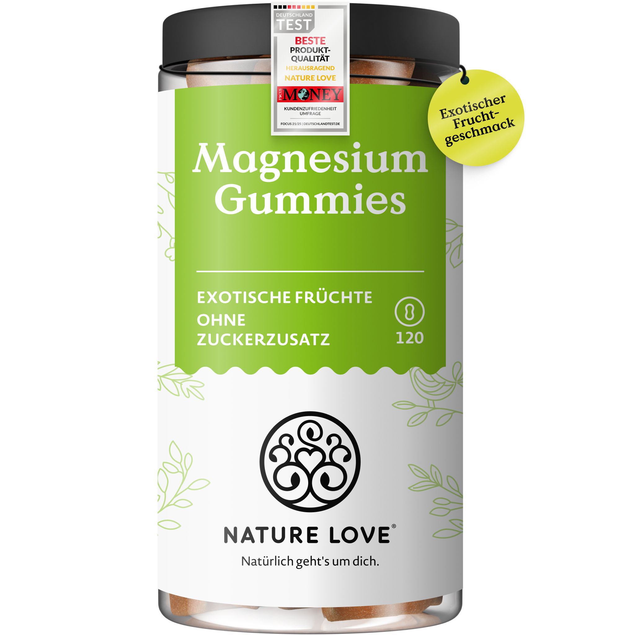 Dose mit Magnesium Gummies, exotische Früchte, ohne Zuckerzusatz. 120 Stück.