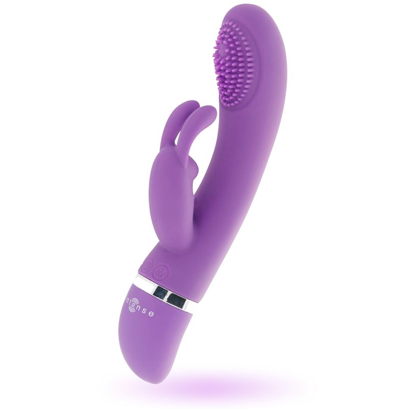 Lila Vibrator aus Silikon mit Hasenohren und geriffelter Spitze. Silberfarbener Ring am unteren Ende. Marke Intense.