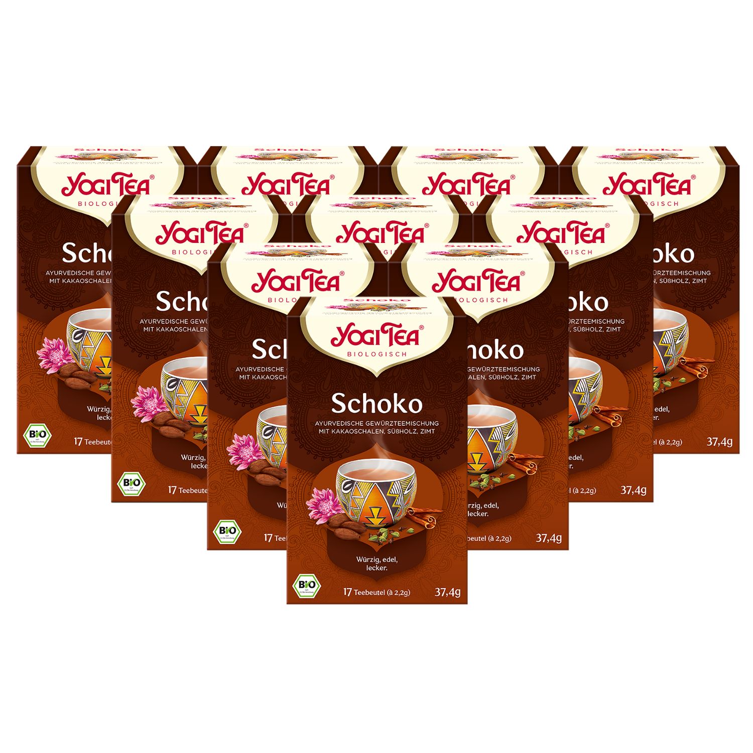 Mehrere Schachteln Yogi Tea Schoko Bio Gewürztee. Braune Verpackung mit Logo und Produktbezeichnung. 17 Teebeutel, 37,4g.