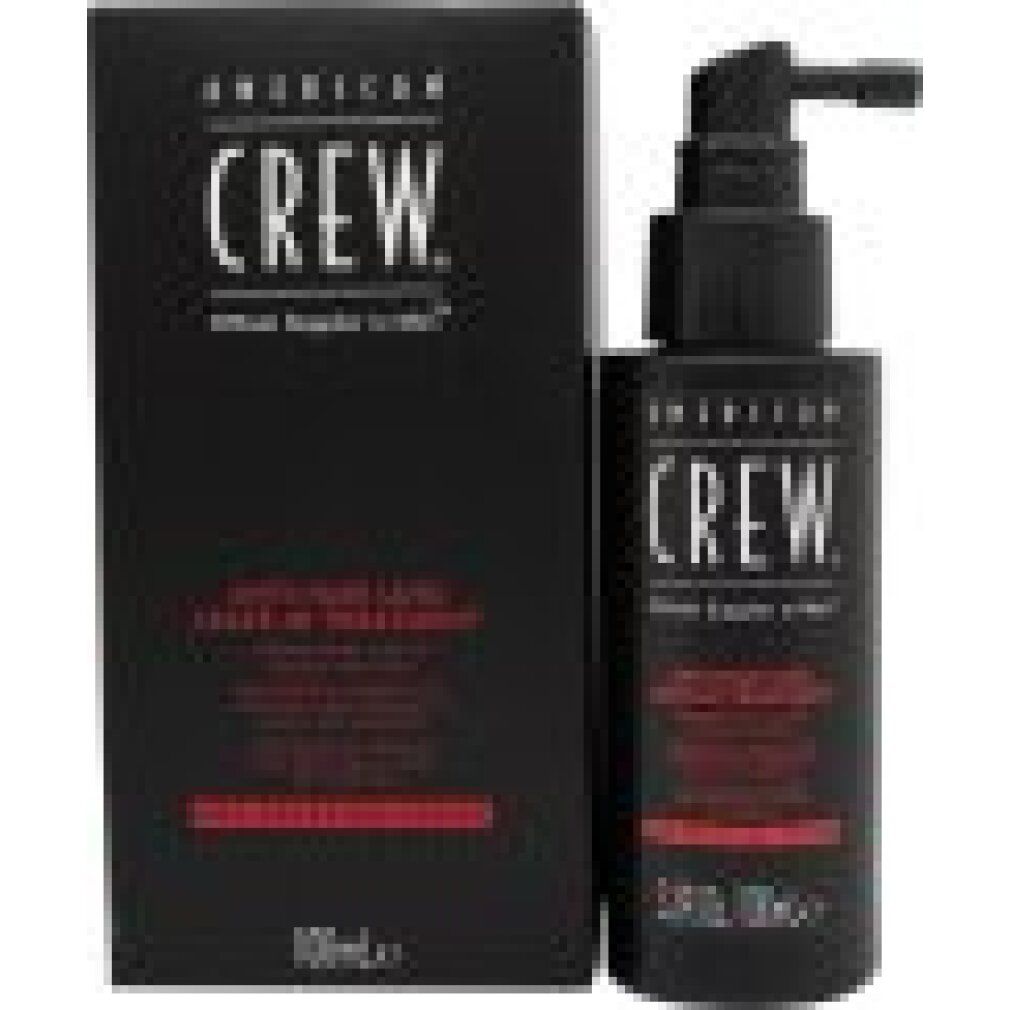 Schwarze Flasche und Schachtel. Aufschrift: American Crew, Anti-Haarausfall-Behandlung. 3,3 fl.oz./100ml.