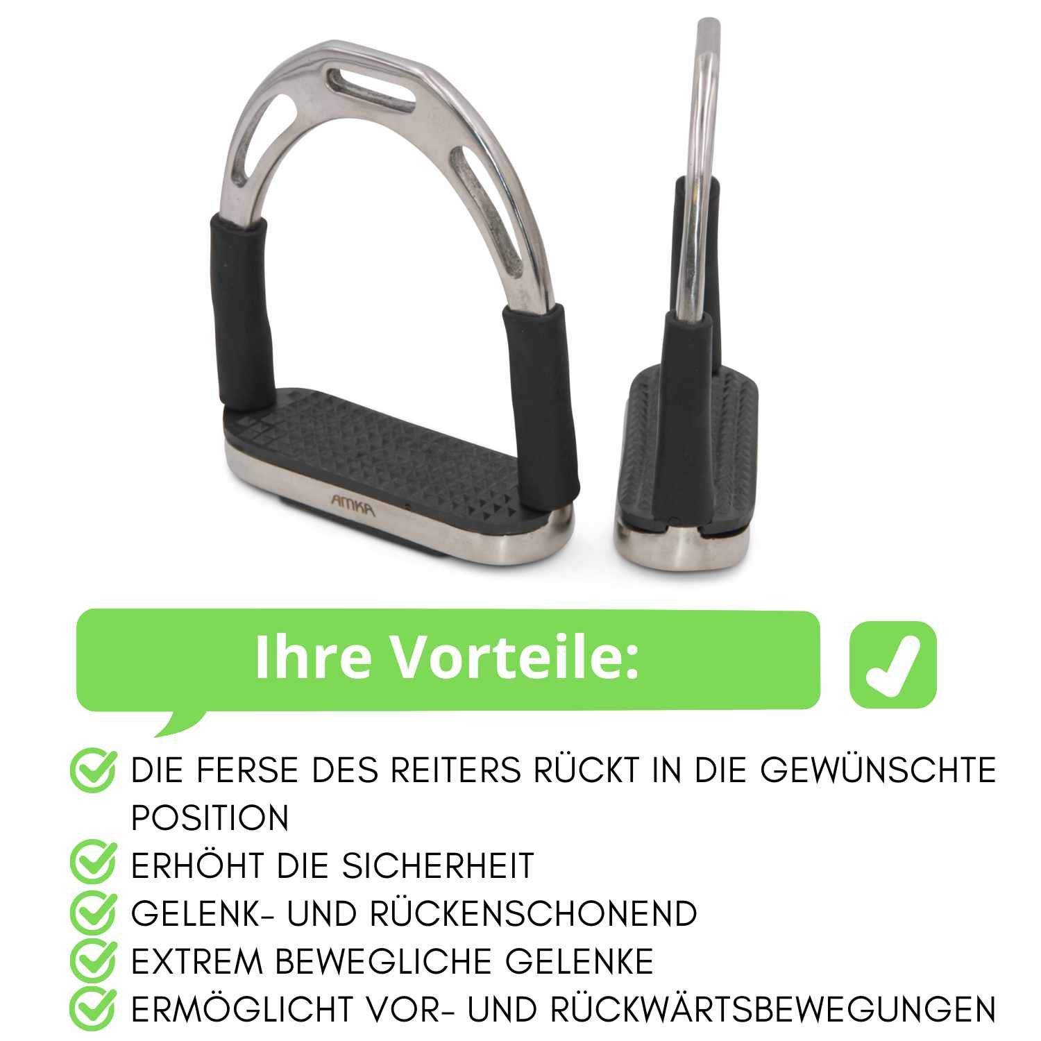 Sicherheitssteigbügel, silberfarben, mit schwarzem Tritt und Gummieinsätzen. Text: Ihre Vorteile. Vorteile aufgelistet.