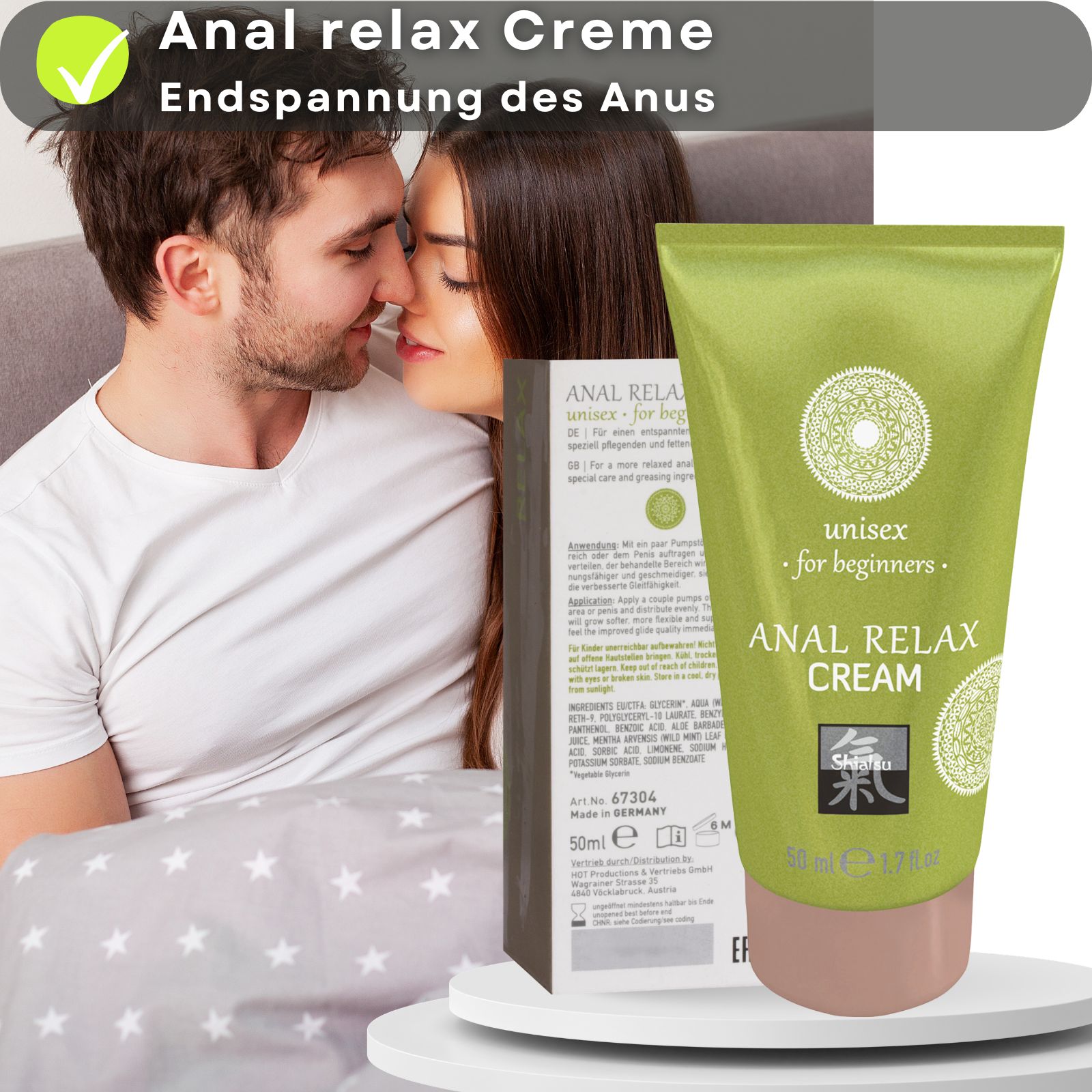 Grüne Tube und Schachtel. ANAL RELAX CREAM, unisex for beginners. Logo. 50 ml. Text: Anal relax Creme, Endspannung des Anus.