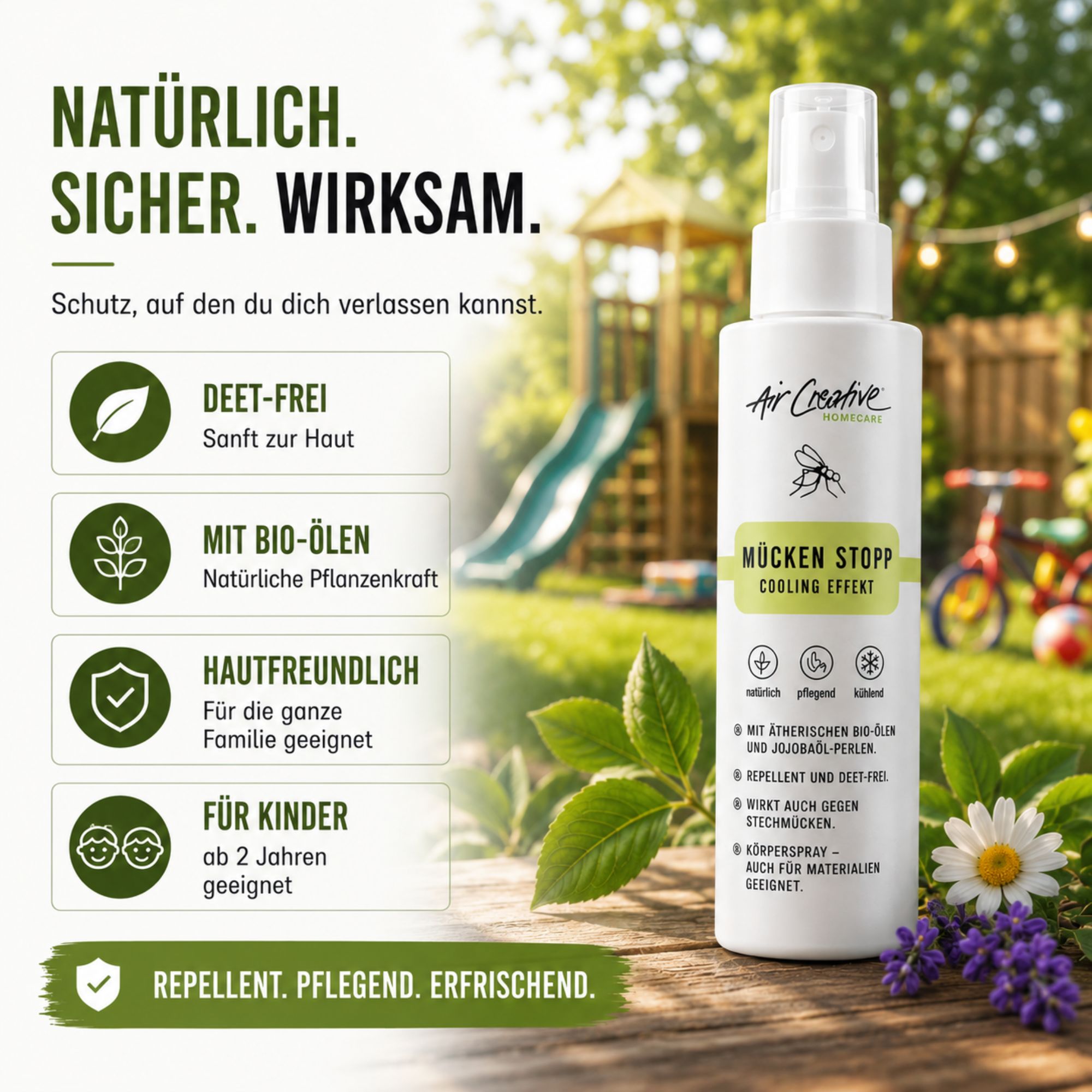 Weißes Spray mit Text: Mücken Stopp, DEET-frei. Text: Bio-Öle, hautfreundlich, für Kinder. Hintergrund: Garten.
