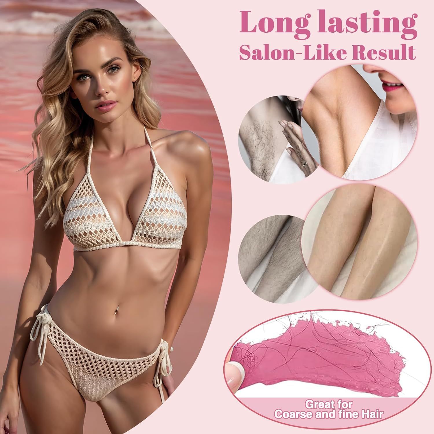 Frau im Bikini. Illustrationen zeigen Ergebnisse der Haarentfernung an Achseln und Beinen. Rosa Wachs auf Haut.