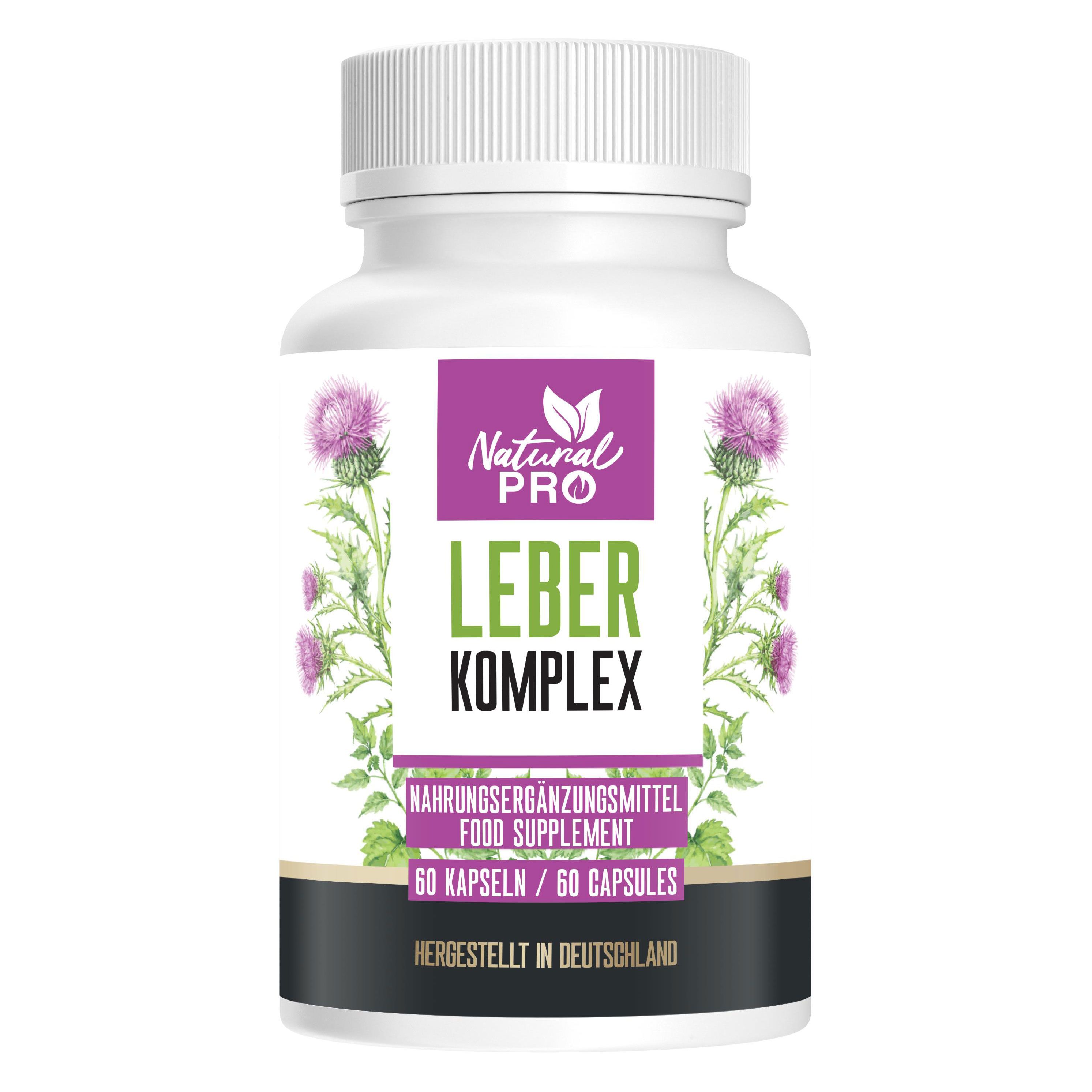 Weißes Pillenfläschchen mit lila Etikett. Aufschrift: Natural Pro, Leber Komplex. 60 Kapseln. Mariendistel-Illustration.