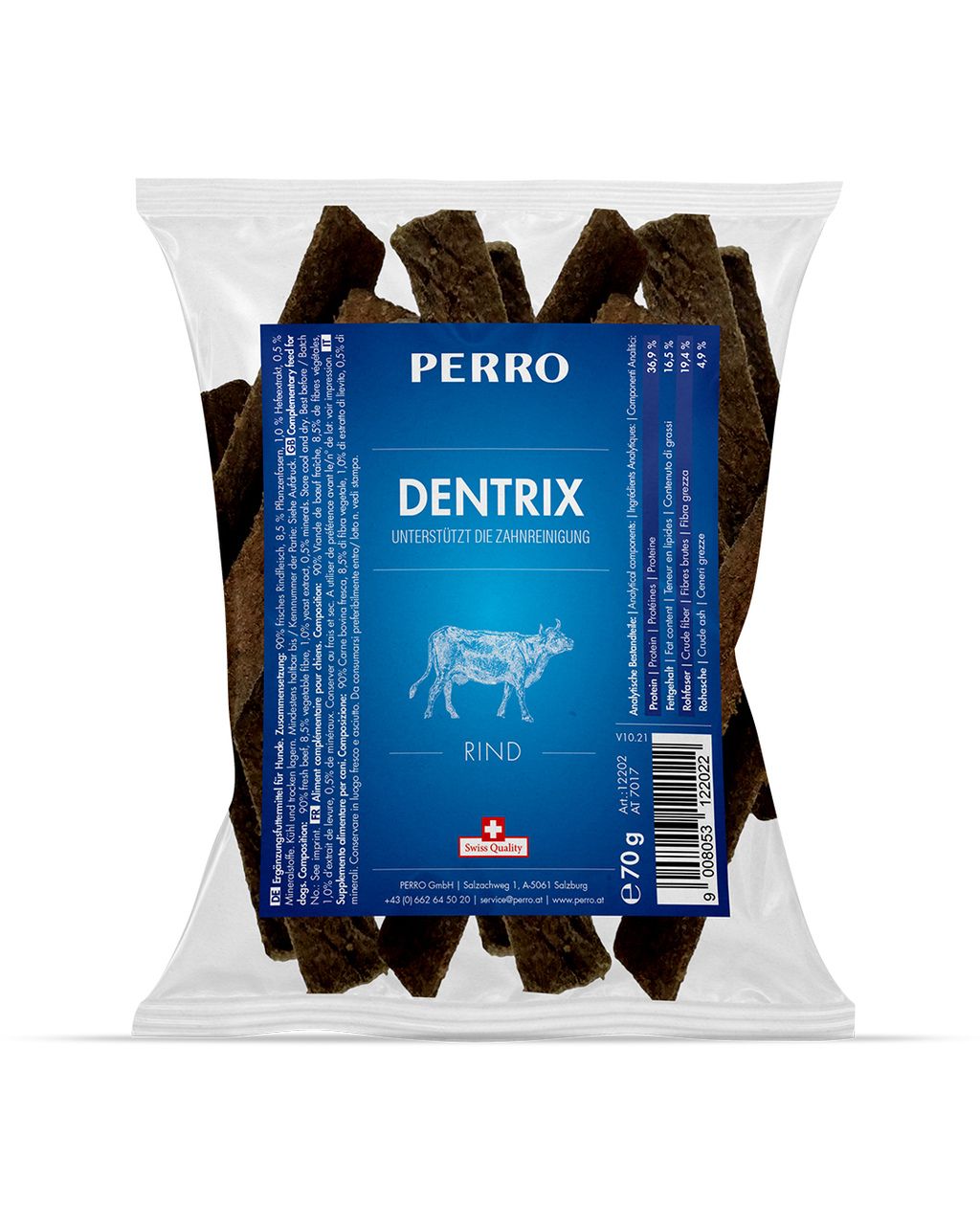 Beutel mit Kauartikeln für Hunde. Aufschrift PERRO Dentrix, Rind. Blaue Verpackung mit Kuh-Illustration. Swiss Quality.