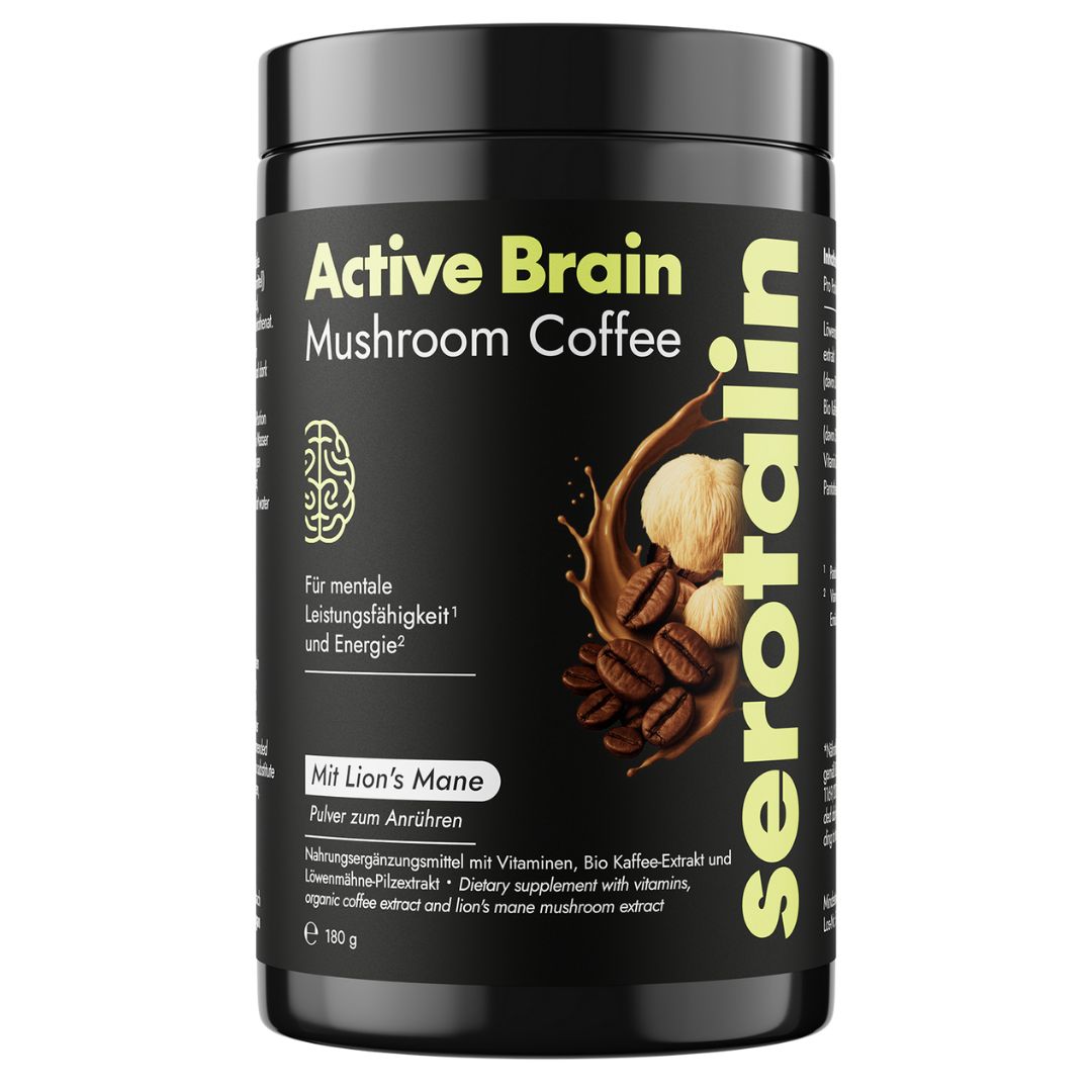 Schwarze Dose mit Serotalin-Logo und Aufschrift "Active Brain Mushroom Coffee". Enthält Löwenmähne-Extrakt und Kaffee.