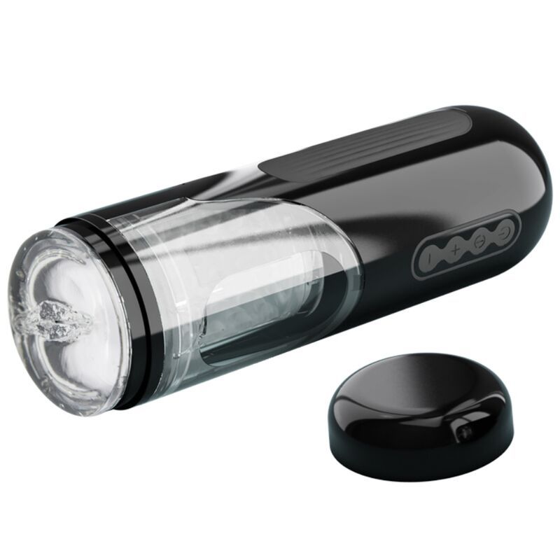 Schwarzes, zylindrisches Gerät mit abnehmbarer Kappe. Transparenter Einsatz sichtbar.