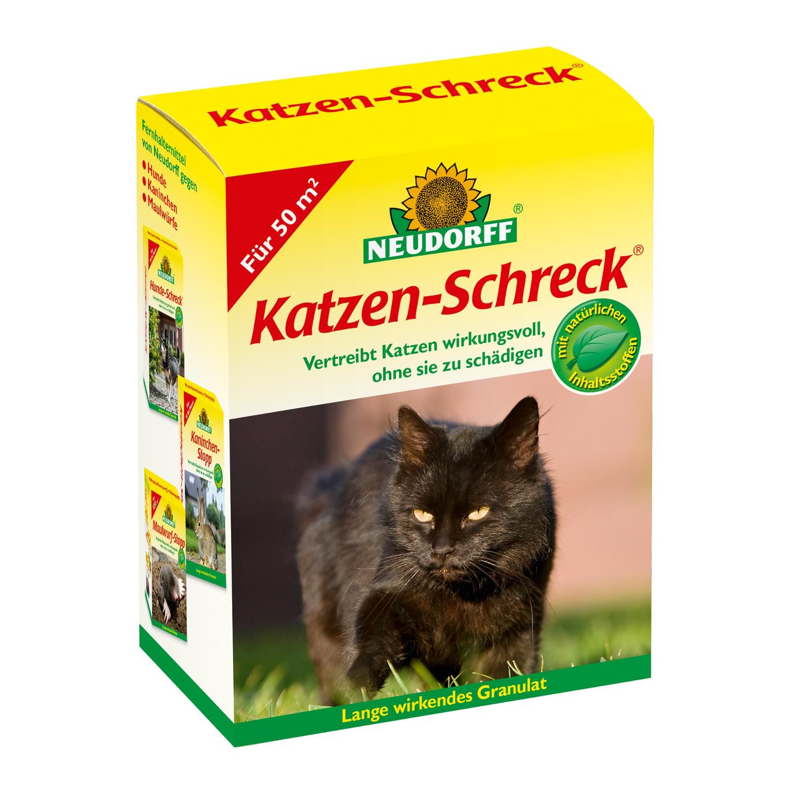 Gelbe Verpackung mit Produktnamen Katzen-Schreck. Schwarze Katze auf Rasen. Text: Vertreibt Katzen wirkungsvoll, ohne sie zu schädigen.