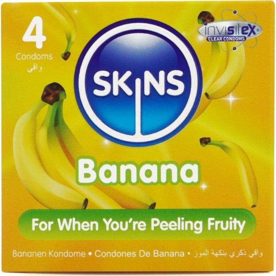 Verpackung mit vier Kondomen. Aufdruck: SKINS Banana. Gelbe Verpackung mit Bananen-Motiv. Text: For When You're Peeling Fruity.