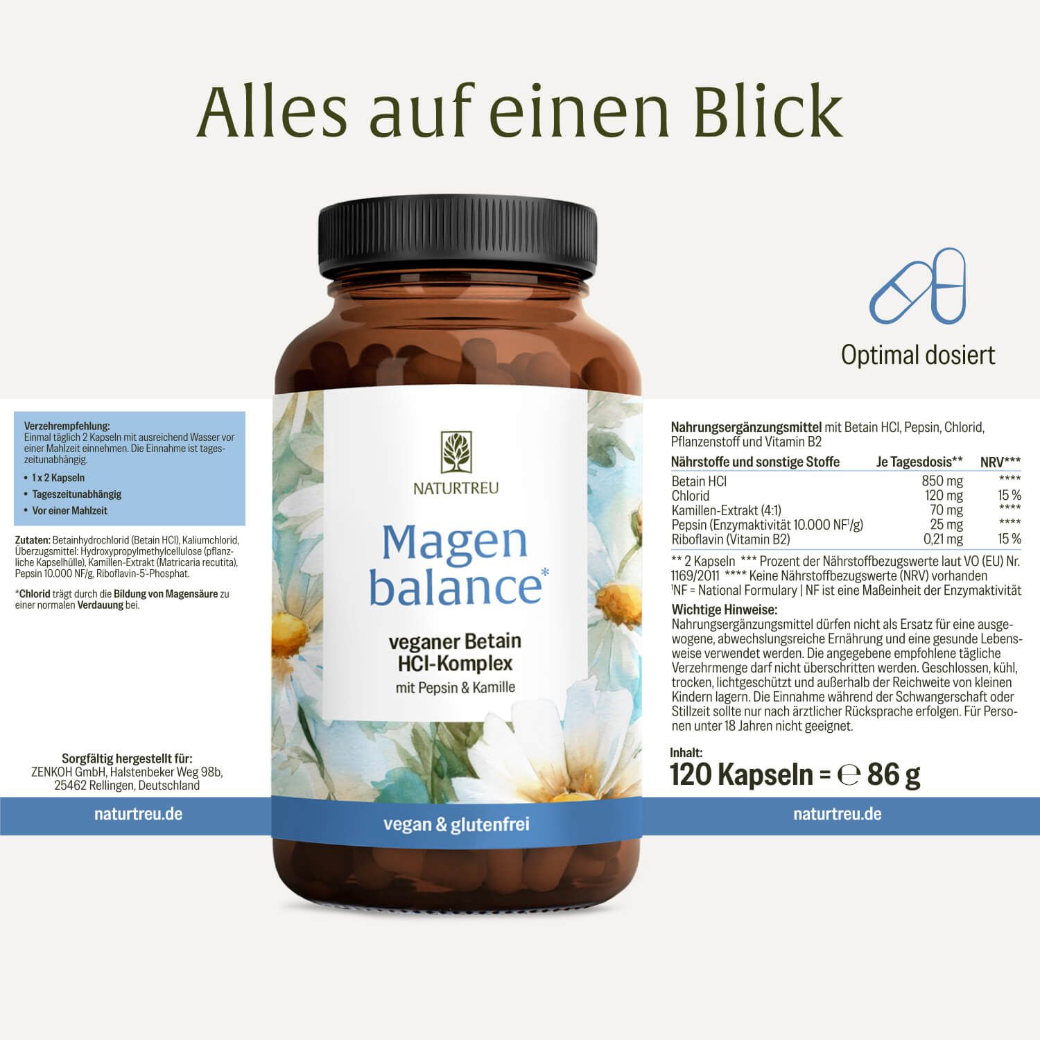 Flasche "Magen balance" mit detaillierten Nährwertangaben und Dosierungsinformationen auf dem Etikett.