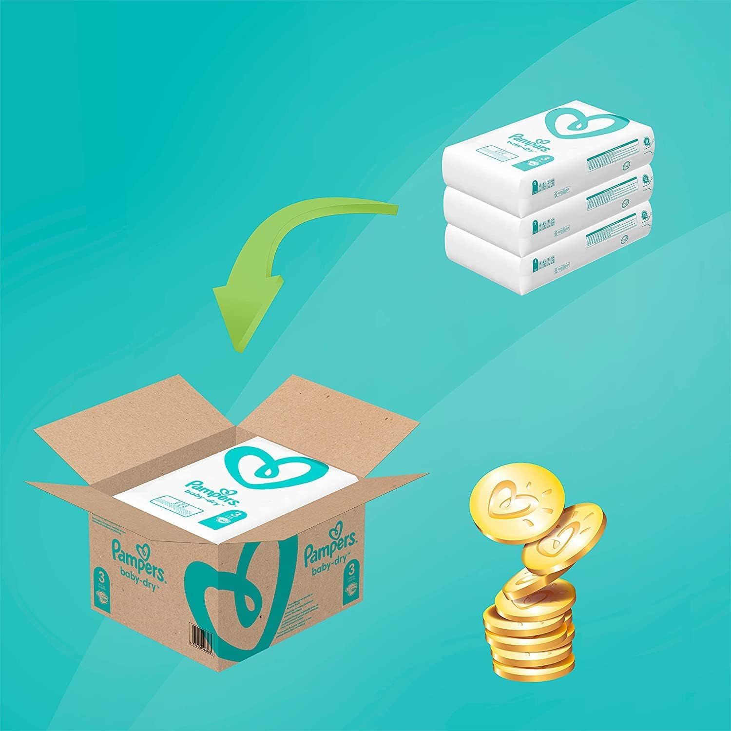 Pampers Baby-Dry Windeln in Kartonverpackung. Pfeil zeigt von Karton zu Stapel Windeln und Münzen.