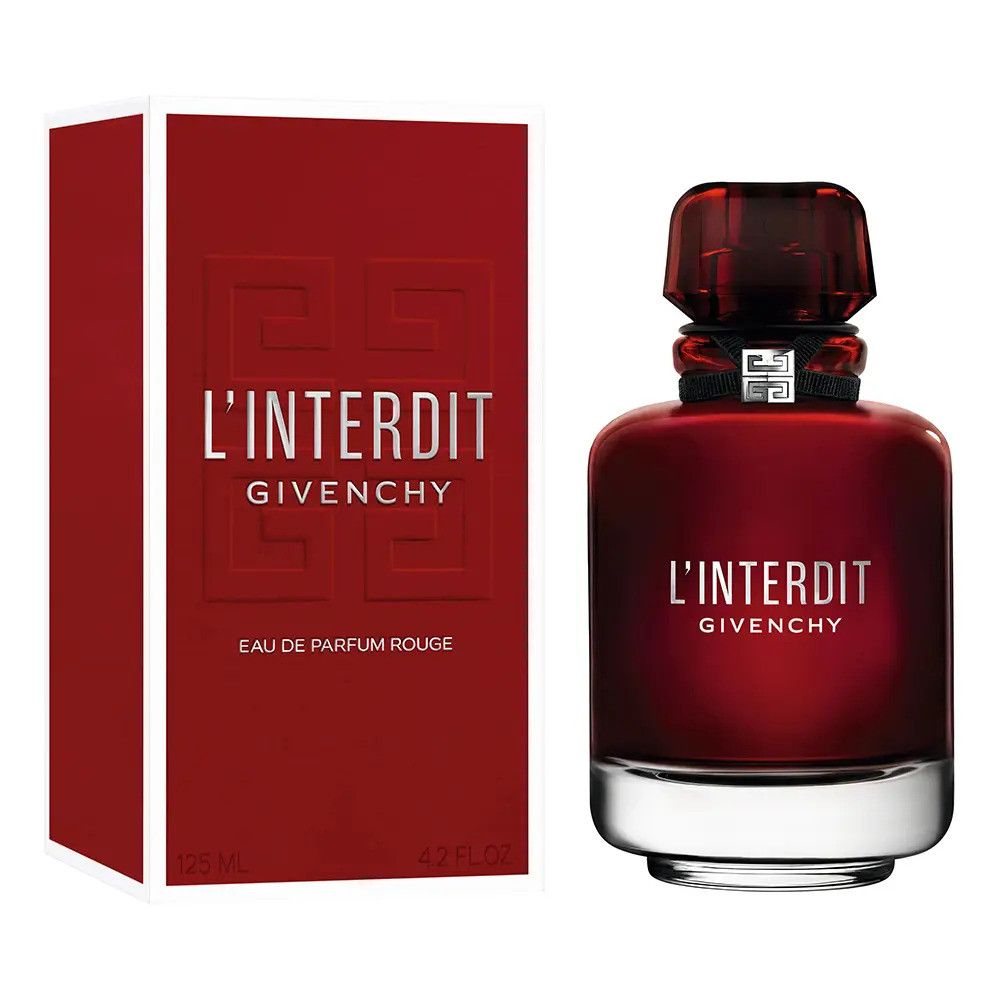 Roter Flakon und Schachtel. Aufschrift: L'Interdit Givenchy Eau de Parfum Rouge. Flakon mit schwarzem Band und silbernem Logo. Schachtel mit geprägtem Logo.