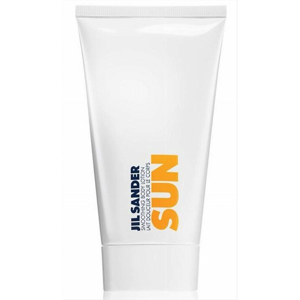 Weiße Tube mit orangefarbenem SUN-Schriftzug. Jil Sander-Logo und Text. Glatte Körperlotion.