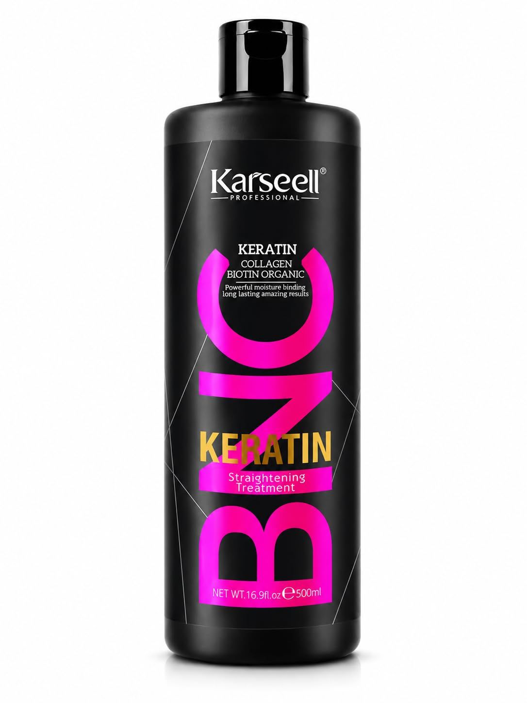 Schwarze Flasche mit Karseell Professional Keratin Straightening Treatment, 500ml.