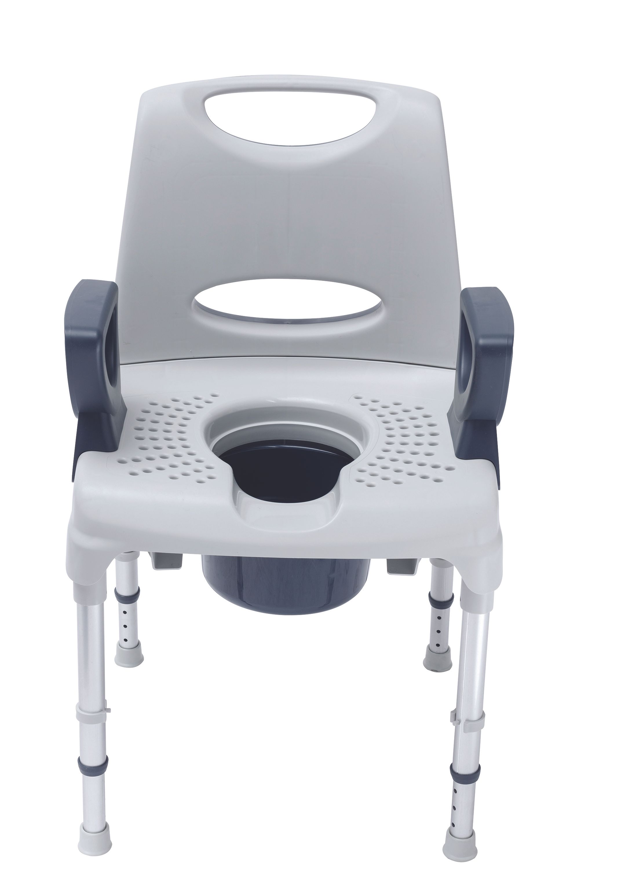 Dusch- und Toilettenstuhl mit Rückenlehne, Armlehnen und Eimer. Höhenverstellbare Beine. Graue Sitzfläche, blaue Armlehnen und Eimer.