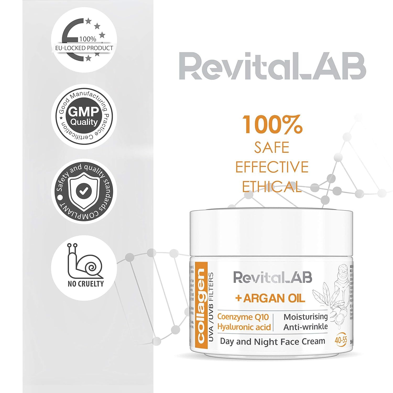 Creme-Tiegel mit weißem Deckel. Aufschrift: RevitaLAB + ARGAN OIL, Collagen, UVA/UVB Filters, Coenzyme Q10, Hyaluronic acid, Day and Night Face Cream. Qualitätssiegel.