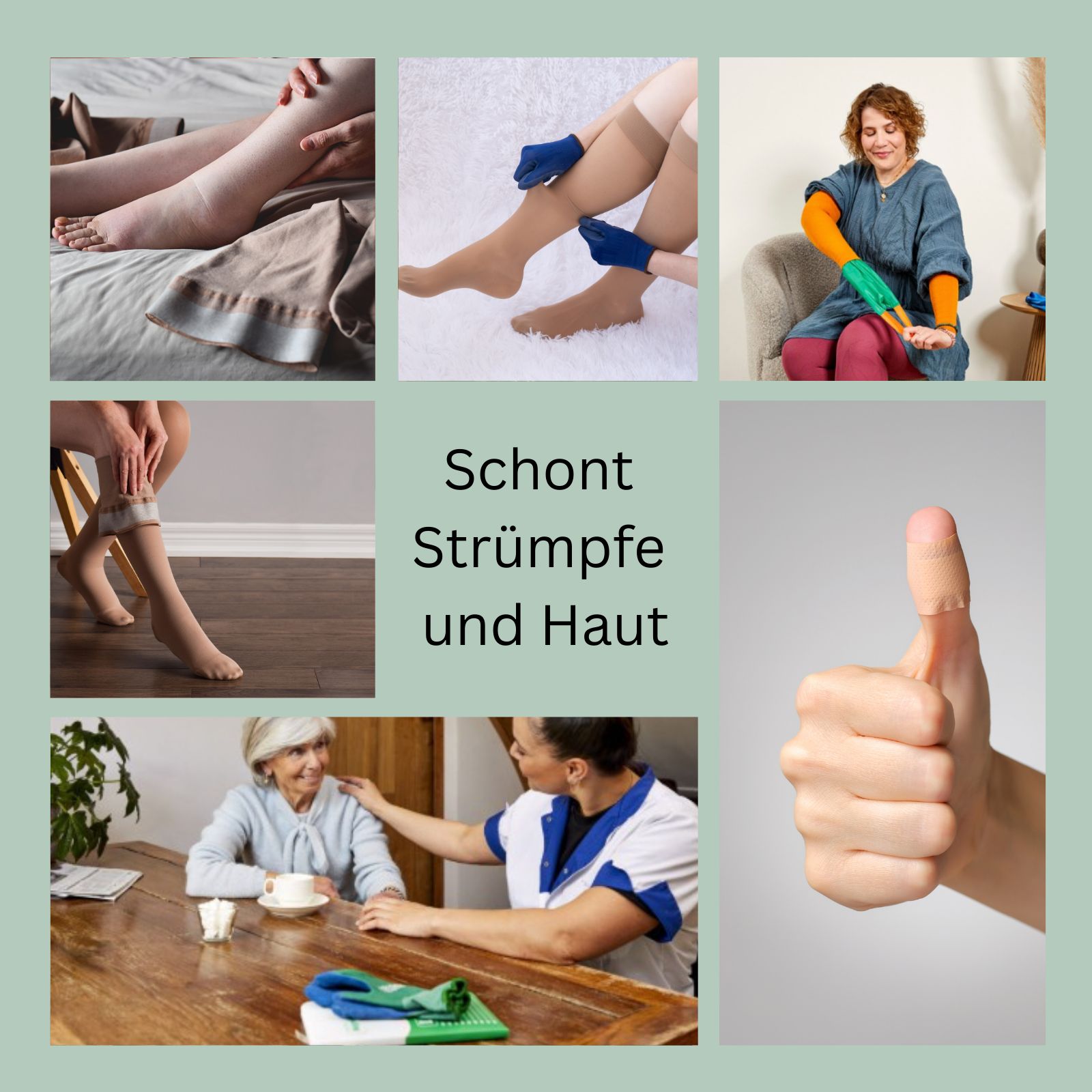 Collage mit Bildern, die Strümpfe und Haut zeigen. Eine Person zieht Strümpfe an, eine andere zeigt einen Daumen hoch.