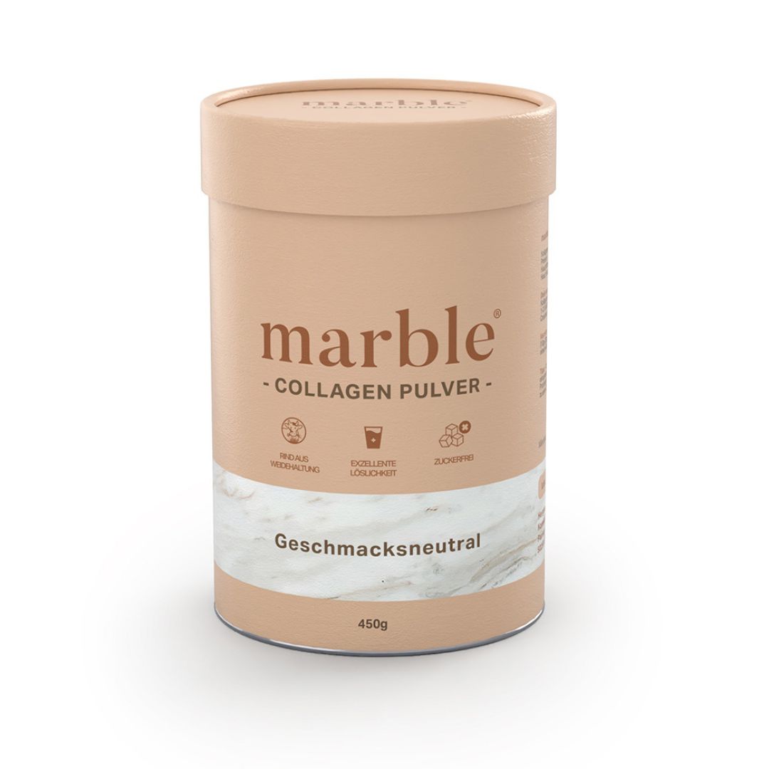 Runde Dose mit Deckel. Aufschrift: marble - COLLAGEN PULVER - Geschmacksneutral. 450g.