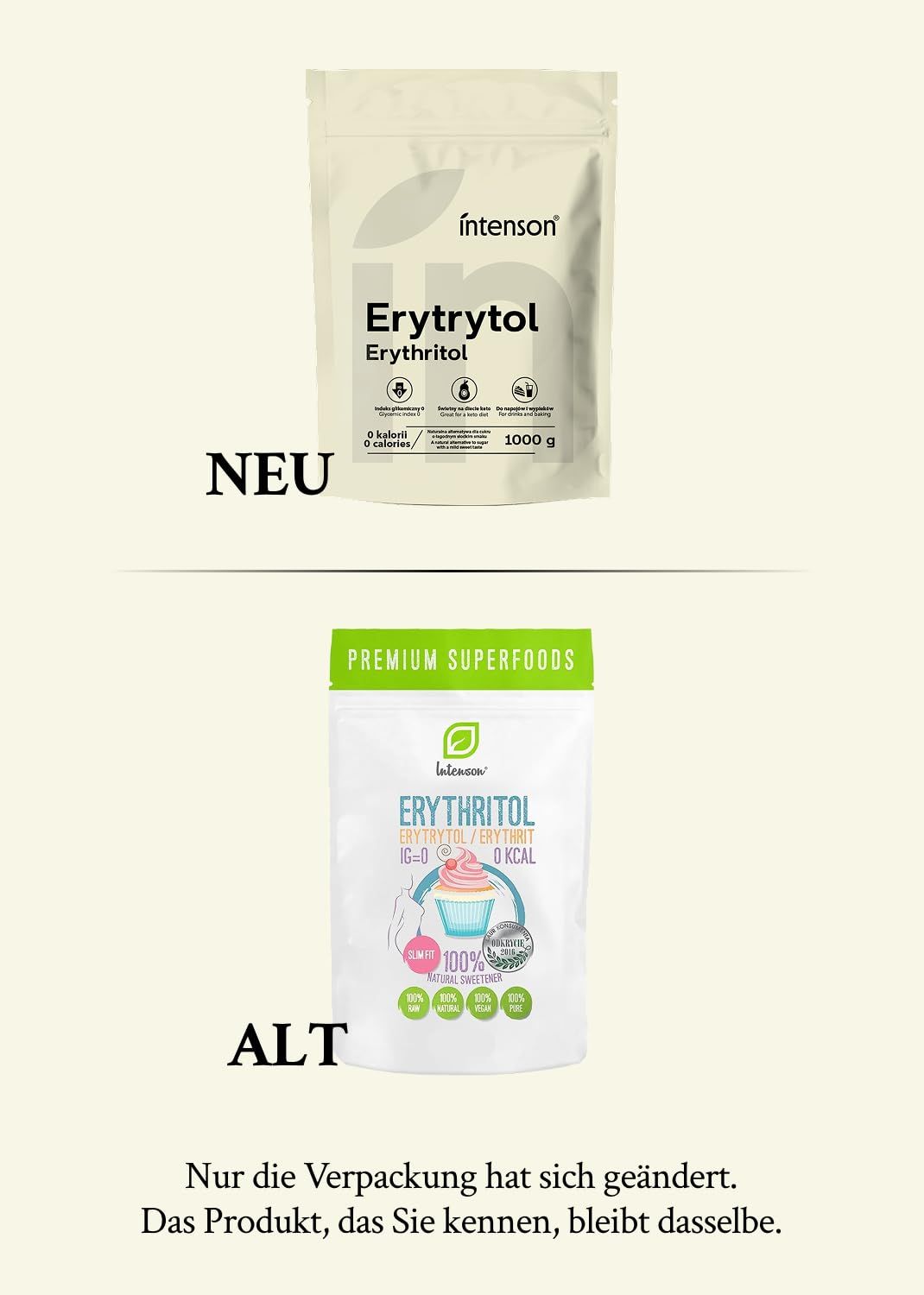 Zwei Packungen Erythritol. "NEU" und "ALT" kennzeichnen die Verpackungsänderung.