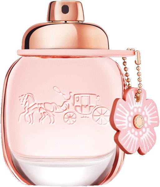 Coach Floral Eau de Parfum Spray. Rosafarbener Flakon mit goldfarbenem Verschluss und Anhänger. Geprägtes Kutschen-Design.