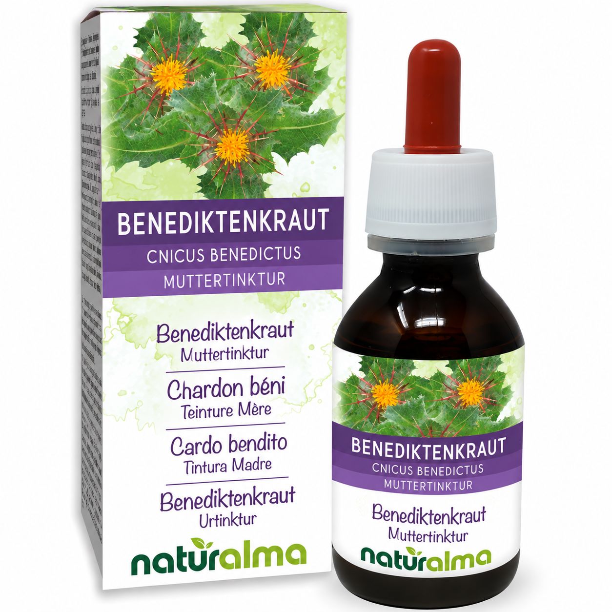 Flasche und Schachtel mit Benediktenkraut (Cnicus Benedictus) Urtinktur. Mit Pipetten-Applikator.