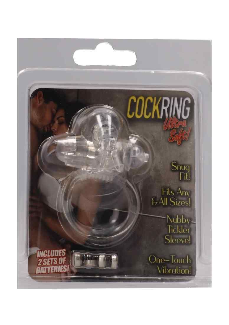 Transparenter Cockring mit Vibrationsfunktion. Verpackung mit Produktabbildung und Text: Ultra Safe, Snug Fit, Nubby Tickler Sleeve.