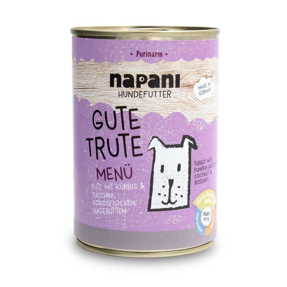 Napani Hundefutter Dose Gute Trute Menü mit Illustration eines Hundes und Produktinformationen.