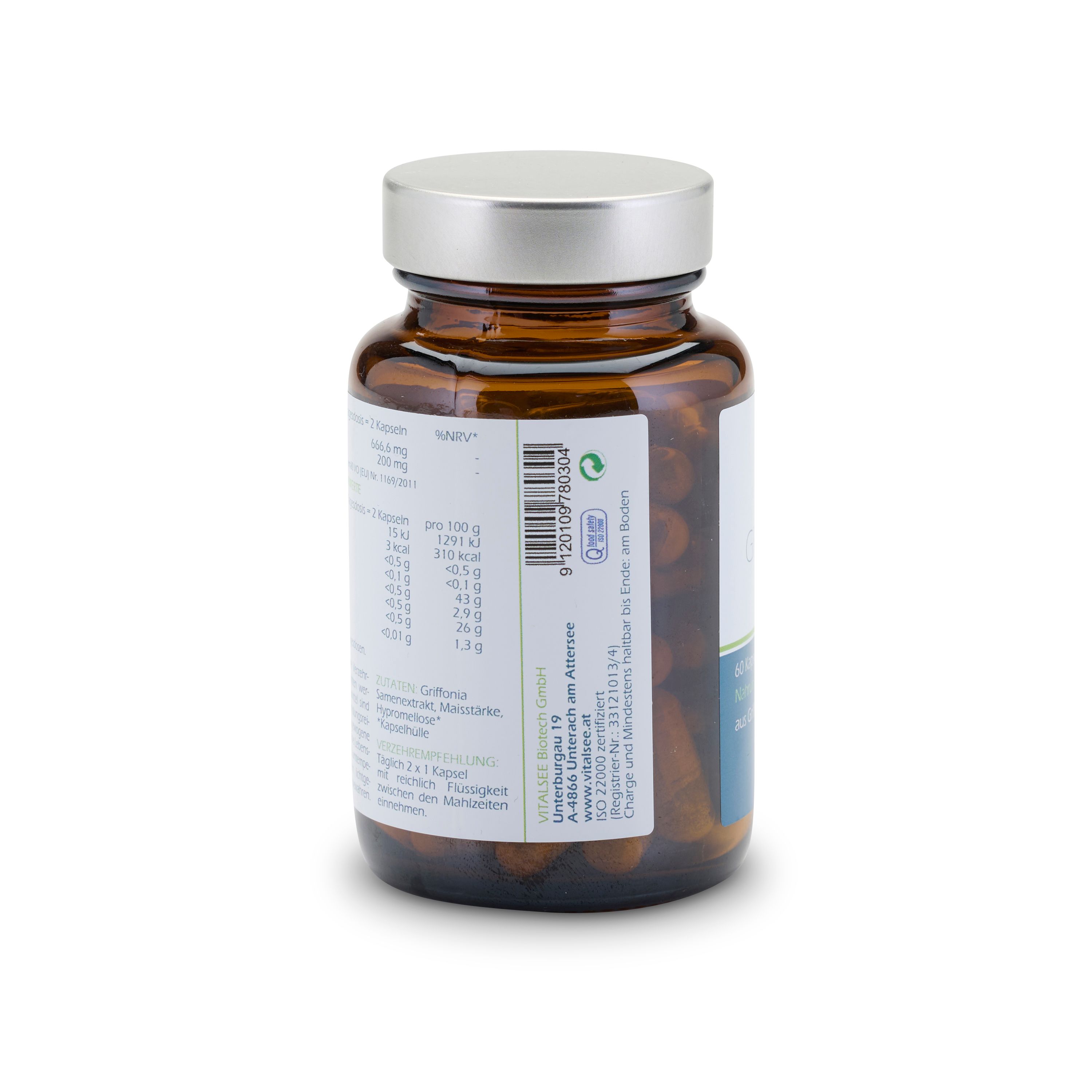 Rückseite einer braunen Glasflasche mit silbernem Deckel. Etikett mit Nährwertangaben und Herstellerinformationen.