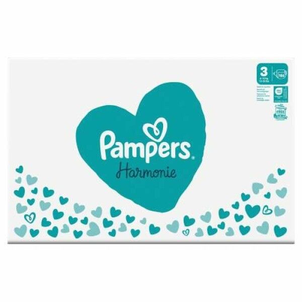 Pampers Harmonie Gr.3 Packung. Windeln für 6-10 kg. Herz-Design mit Logo. Weiße Verpackung.