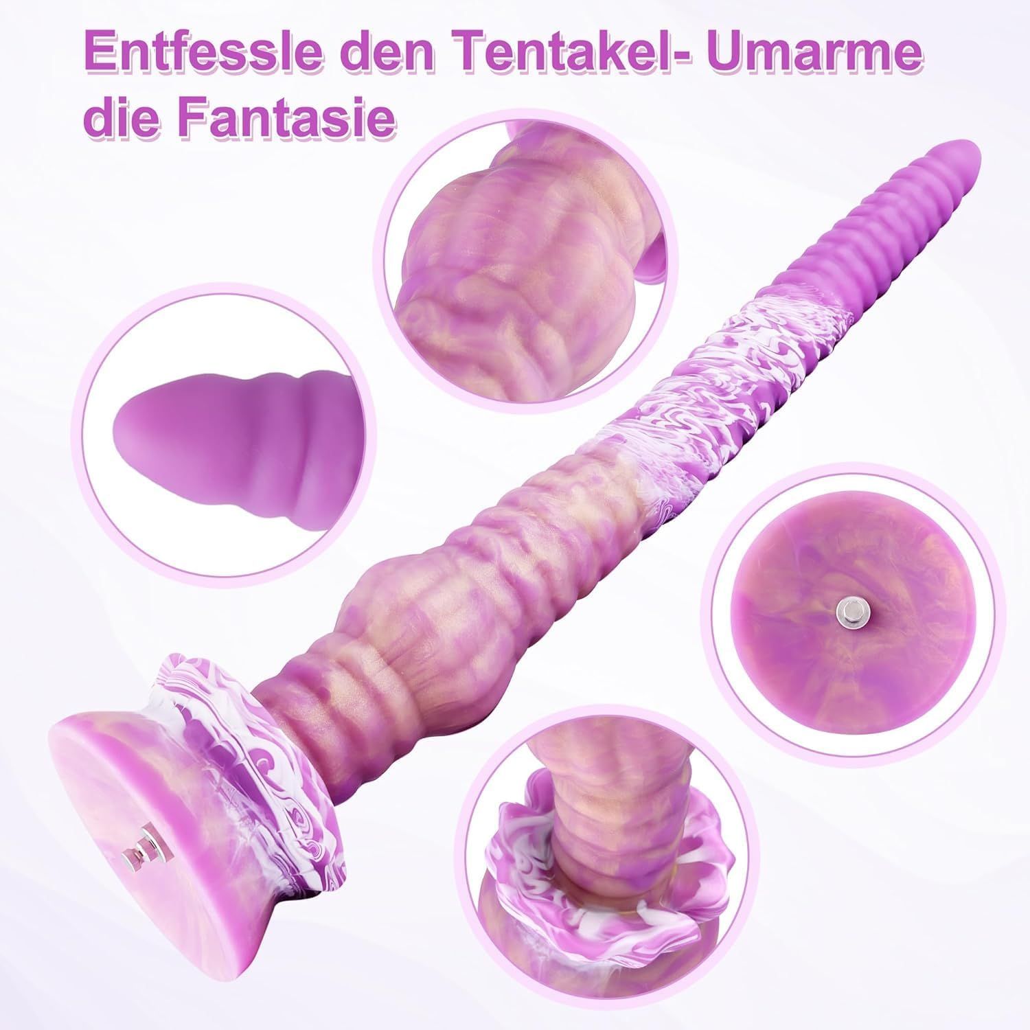 Lila-weißer, texturierter Dildo mit Saugnapf und detaillierten Nahaufnahmen.