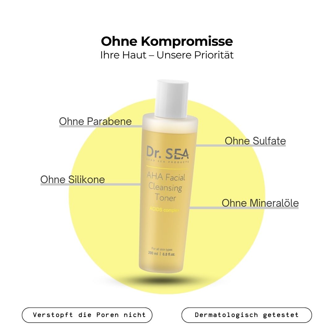 Dr. SEA AHA Facial Cleansing Toner. Flasche mit gelber Flüssigkeit. Text: AHA Facial Cleansing Toner. Ohne Parabene, Sulfate, Silikone, Mineralöle.