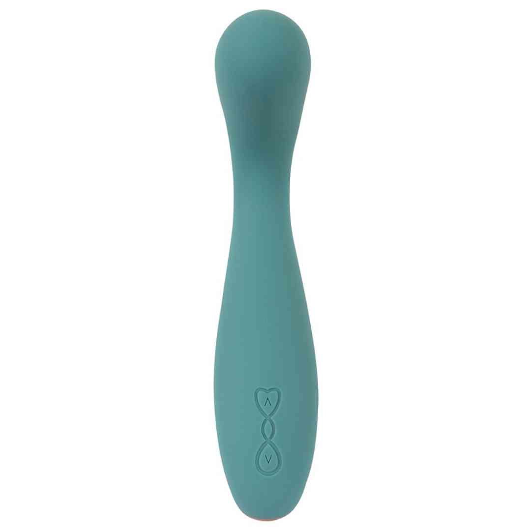 Türkisfarbener Vibrator. Form: länglich, abgerundet. Am unteren Ende Symbole.