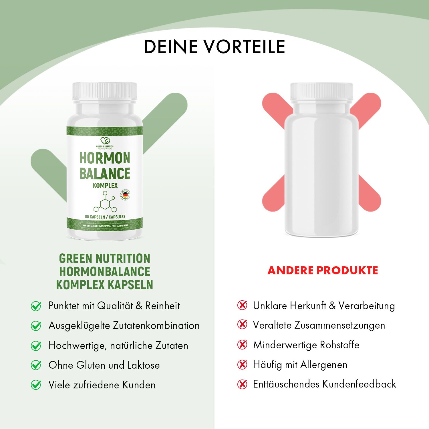 Vergleich: Green Nutrition Hormonbalance Komplex Kapseln vs. andere Produkte. Vorteile: Qualität, Reinheit, Zutaten, glutenfrei, zufriedene Kunden. Nachteile: Herkunft, Rohstoffe.