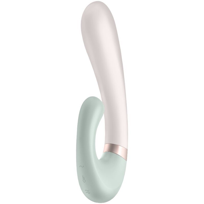 Weiß-mintfarbener Vibrator mit goldfarbenem Ring. Gebogene Form mit abgerundeter Spitze.