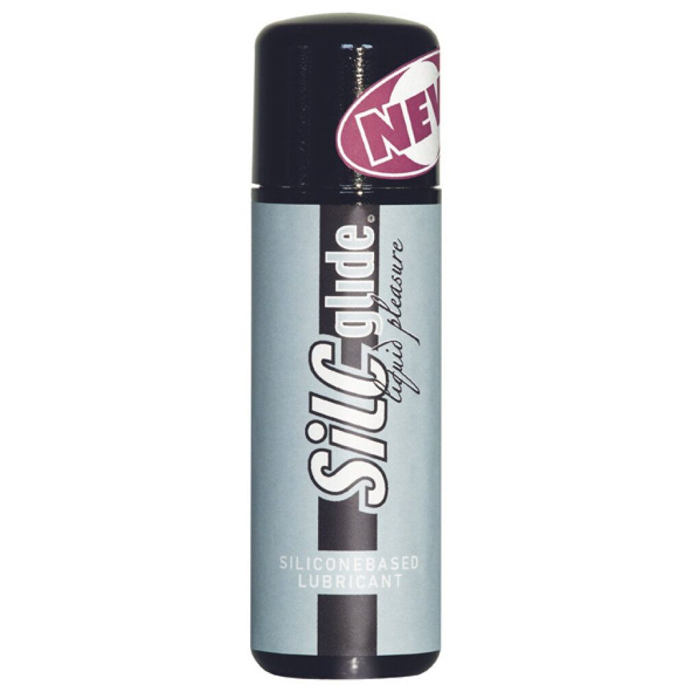 SilC Glide Flasche. Schwarz-blaue Verpackung. Aufschrift: SILC glide liquid pleasure, siliconebased lubricant. Mit NEW-Etikett.