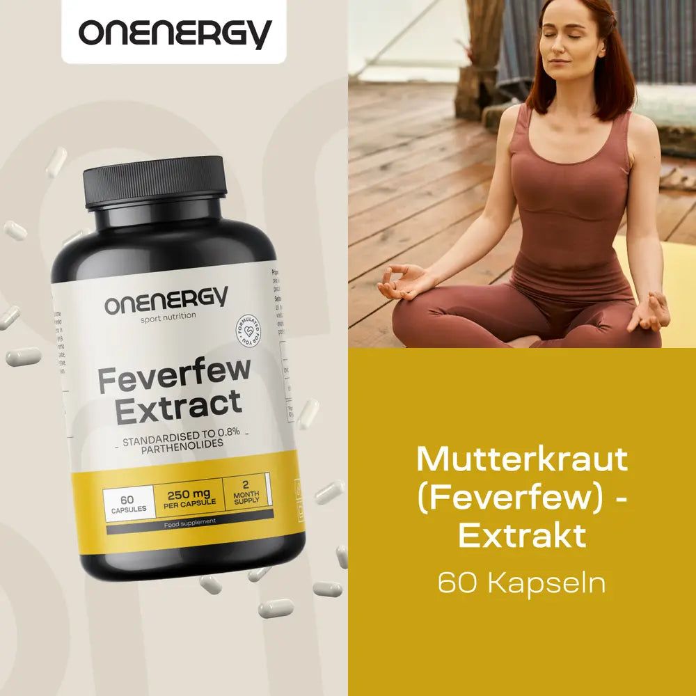 Flasche mit 60 Kapseln OnEnergy Mutterkraut Extrakt, 250 mg pro Kapsel.
