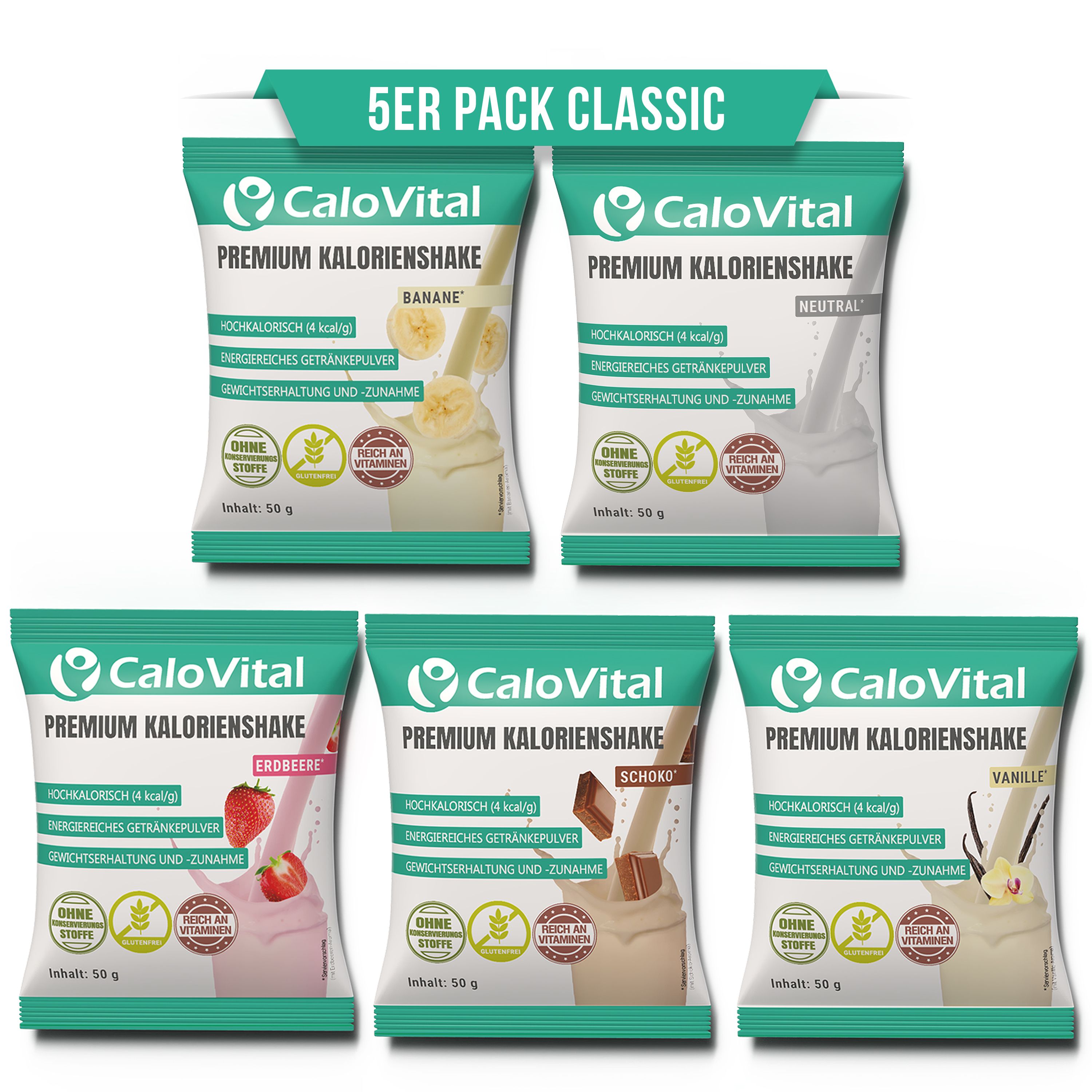 Fünf CaloVital-Beutel mit verschiedenen Geschmacksrichtungen. Aufschrift: Premium Kalorienshake. Banane, Neutral, Erdbeere, Schoko, Vanille.