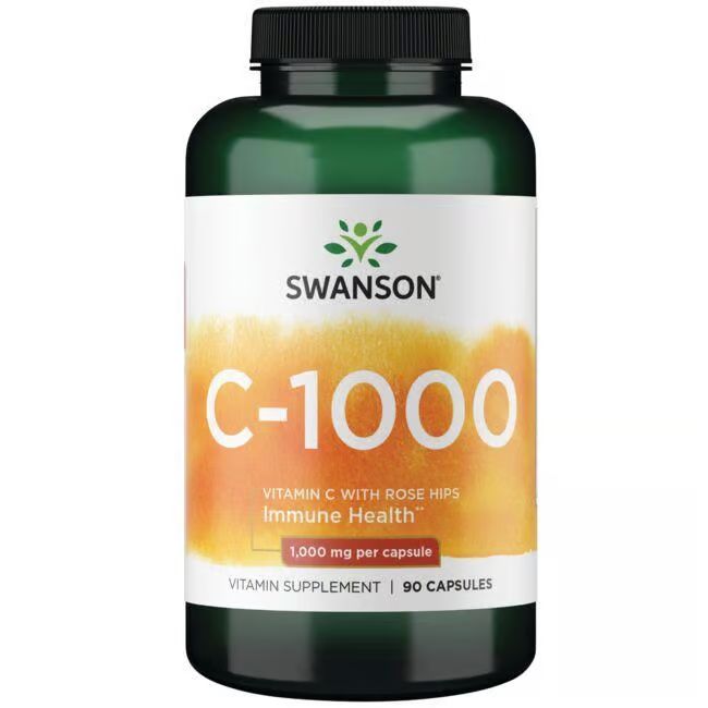 Grüne Flasche mit weißem Etikett. Aufschrift: SWANSON C-1000, Vitamin C mit Hagebutten. 90 Kapseln.