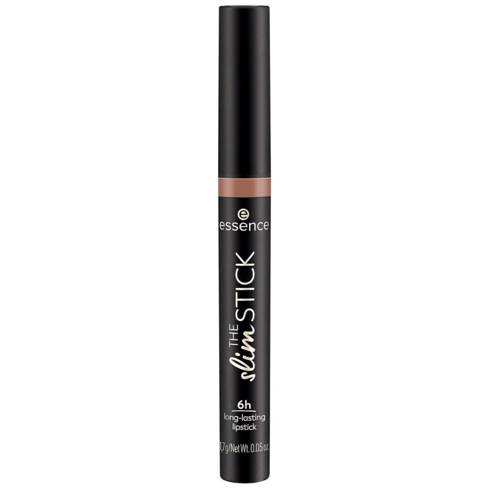 Lippenstift The Slim Stick von Essence. Schwarze Hülse, braune Lippenstiftspitze. Aufschrift: 6h long-lasting lipstick.