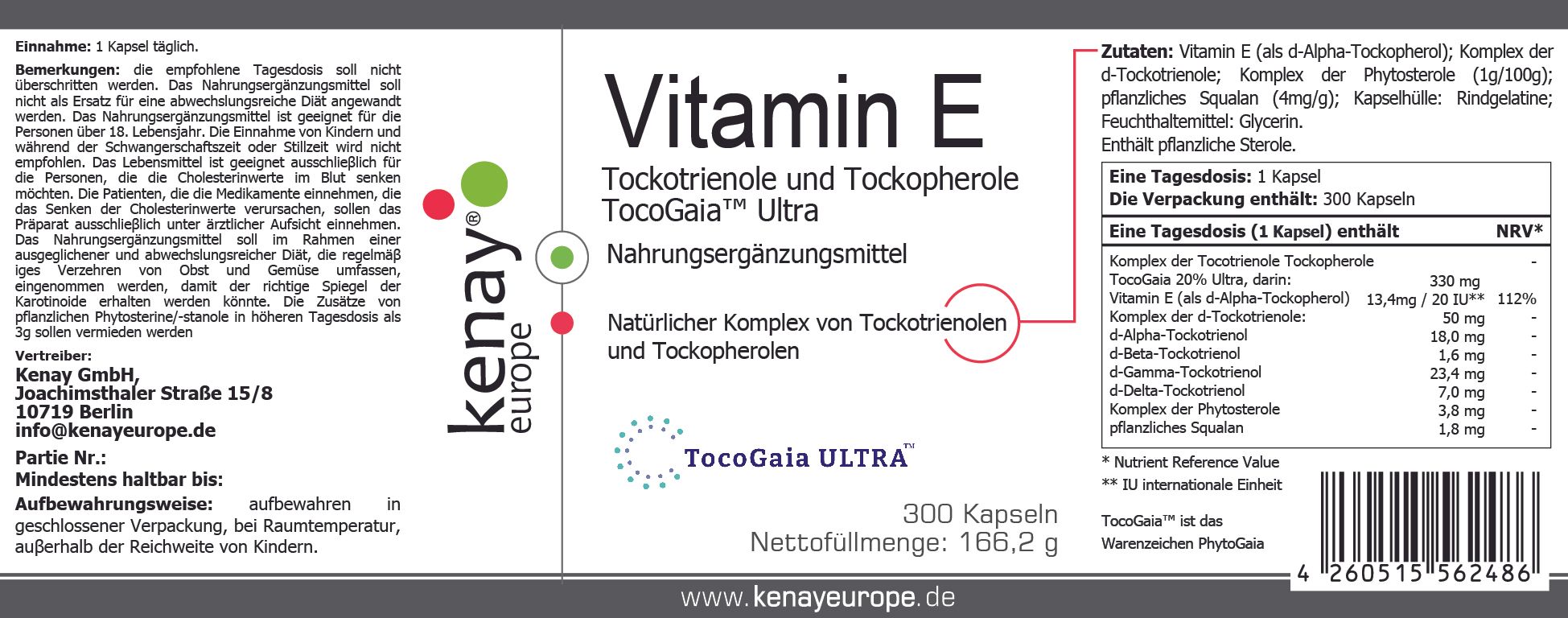 Weißes Etikett mit Produktinformationen. Aufschrift: Vitamin E Tockotrienole und Tockopherole TocoGaia Ultra. Marke KENAY. 300 Kapseln.