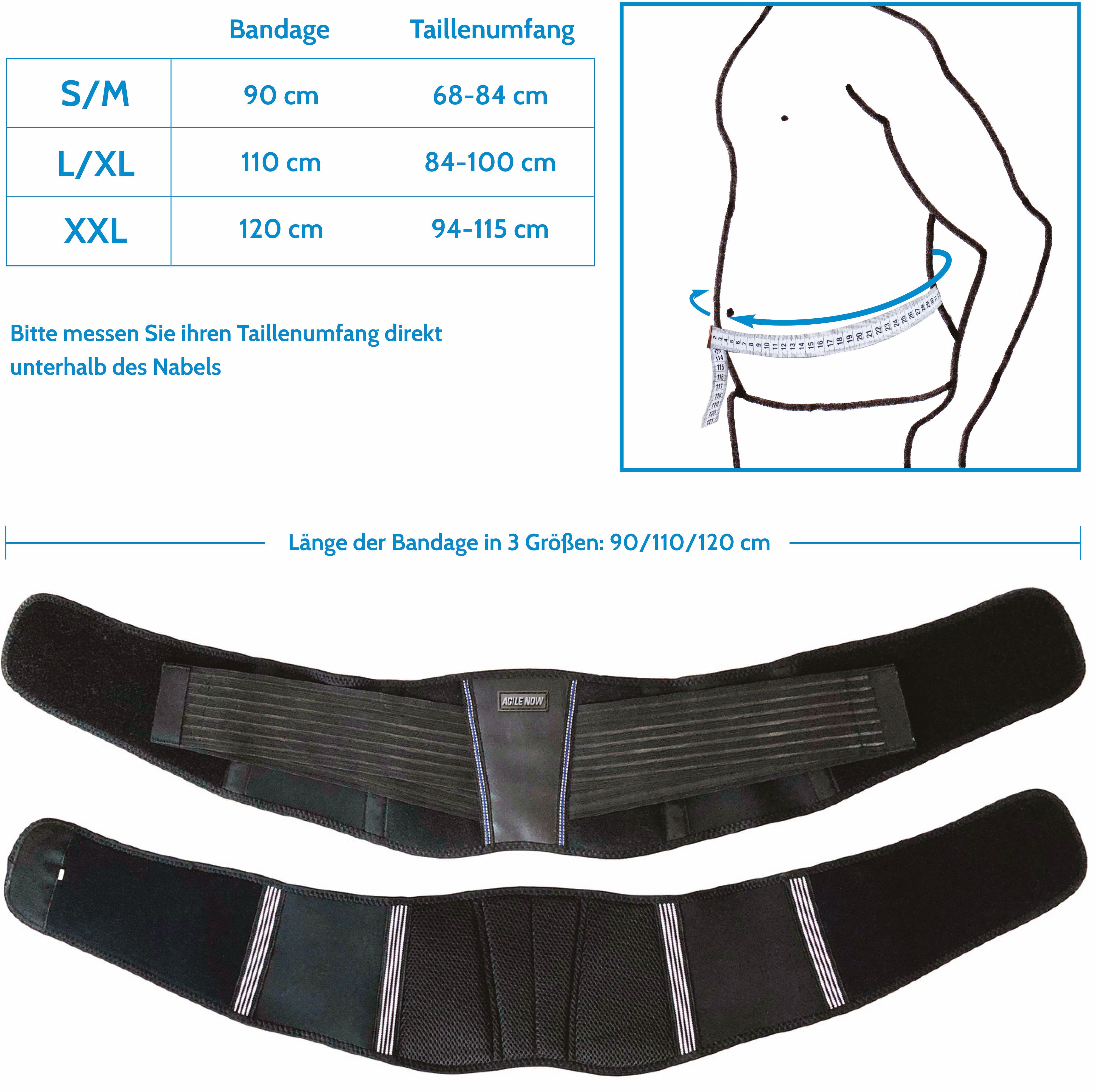 Rückenstützgürtel in drei Größen. Tabelle mit Taillenumfang. Produktansicht von oben und unten. Text: 'Länge der Bandage'.