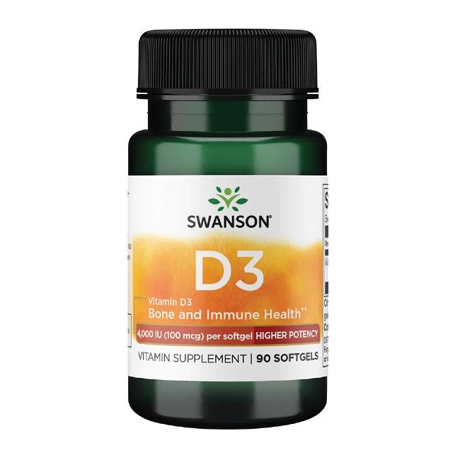 Grüne Flasche mit schwarzem Deckel. Aufschrift: SWANSON D3, Vitamin D3, 4.000 IE. 90 Softgels.