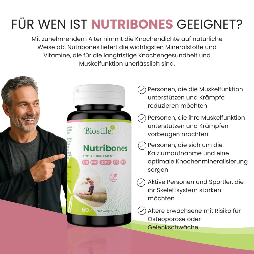 Biostile Nutribones Flasche mit 60 Kapseln und Informationen zur Eignung.