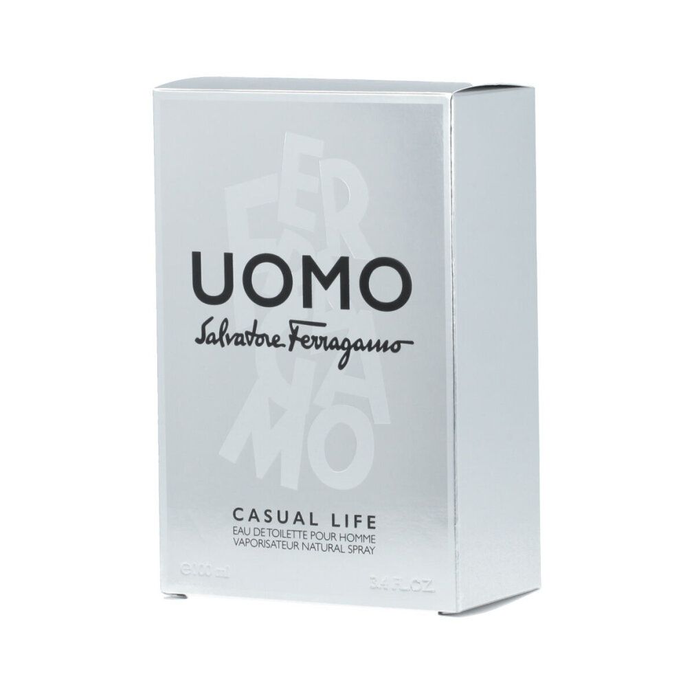 Graue Verpackung mit Schriftzug UOMO, darunter Salvatore Ferragamo und Casual Life. Eau de Toilette Spray.